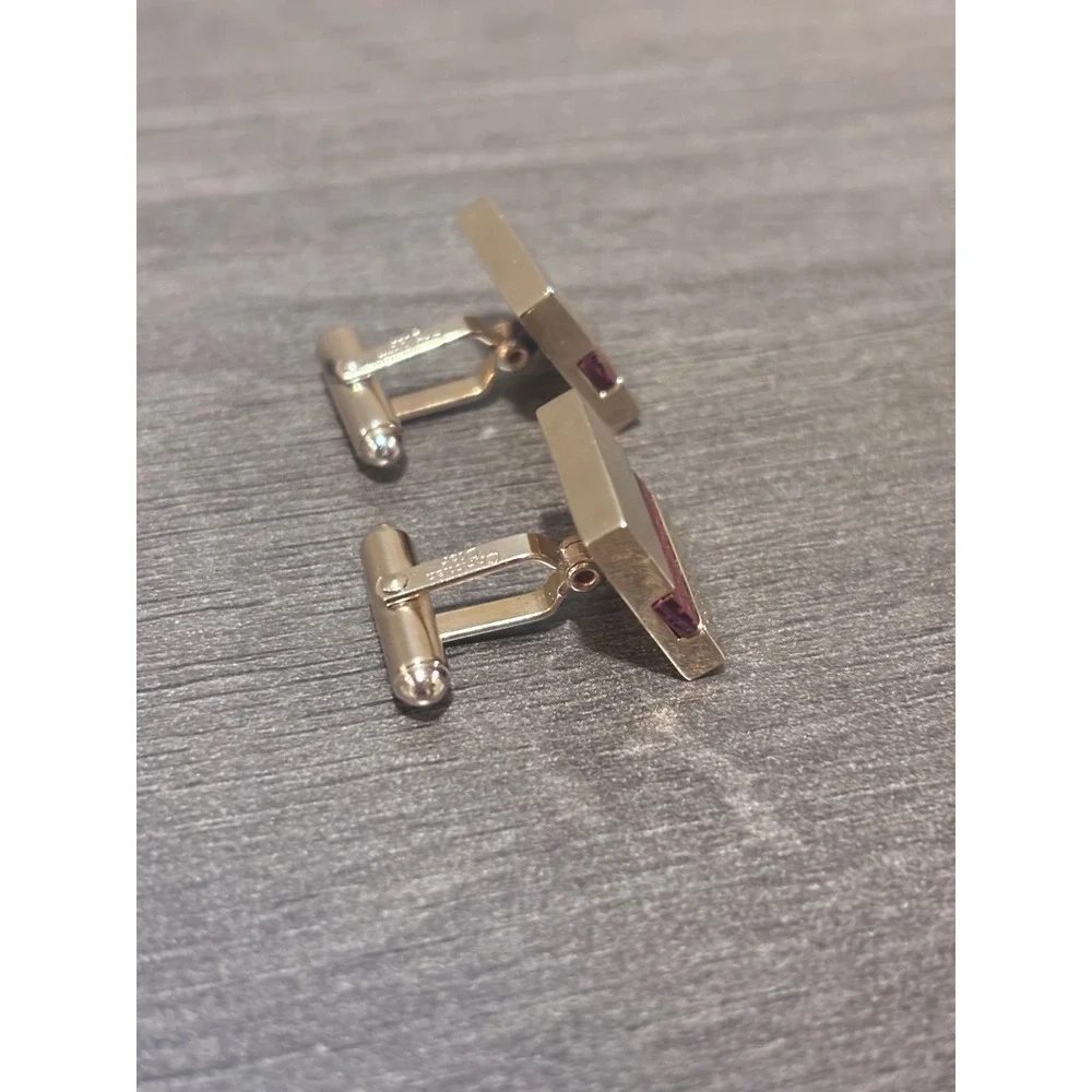 Christian Dior Vintage Cufflinks Gold & Silver Toned Burgundy Wood Inlay